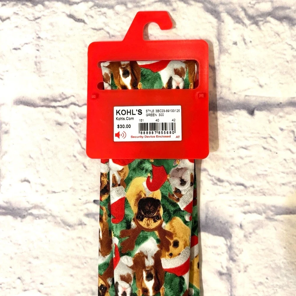 Bespoke Christmas Dogs Holiday Tie Green Christmas Puppies with Santa Hats NWT